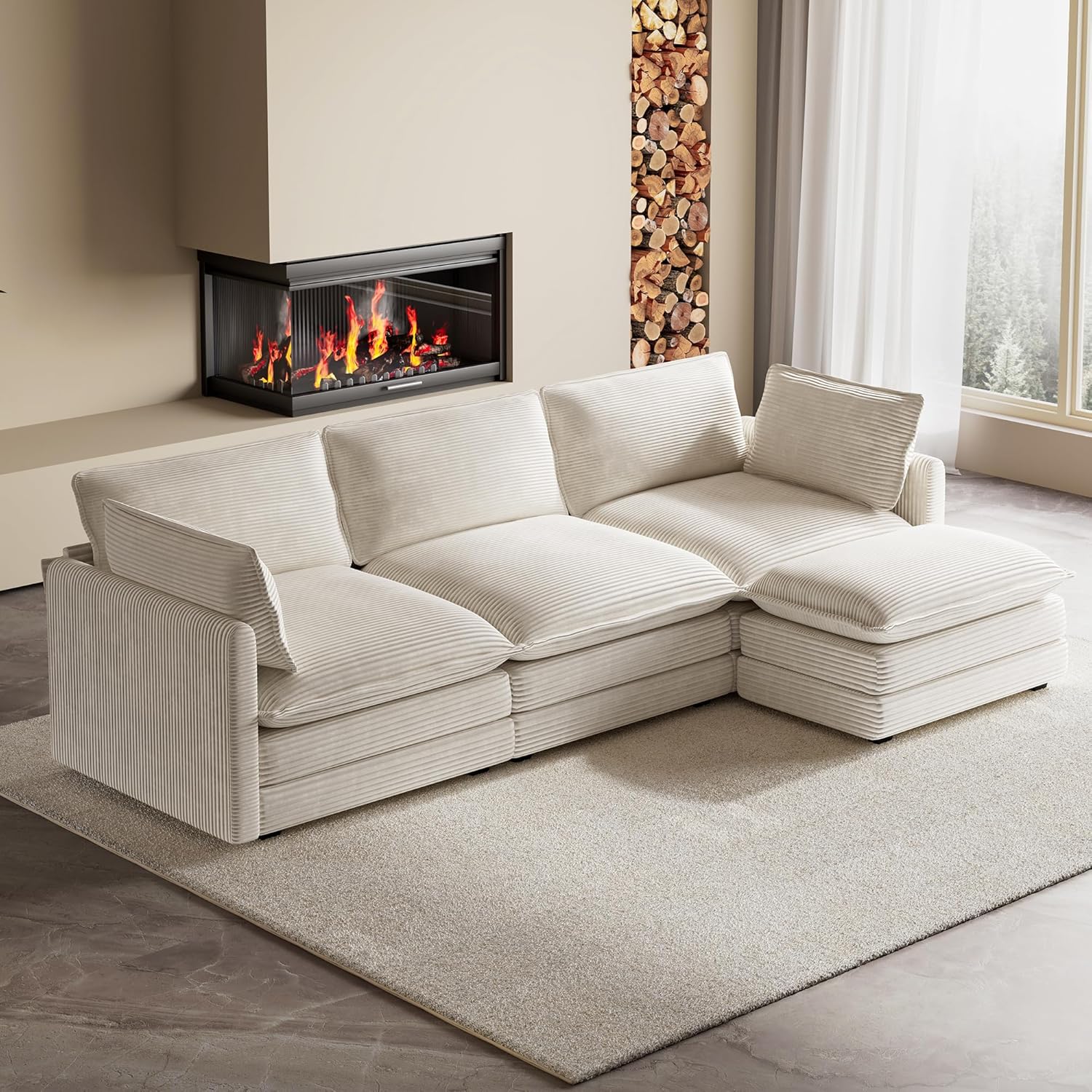 ROWHY 104'' Modular Sectional Cloud Couch with Movable Ottoman, 4 Seat Modern Corduroy Sofa, Deep Seat L Shaped Couch for Living Room Bedroom Apartment, Beige