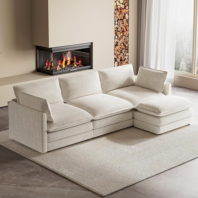 ROWHY 104'' Modular Sectional Cloud Couch with Movable Ottoman, 4 Seat Modern Corduroy Sofa, Deep Seat L Shaped Couch for Living Room Bedroom Apartment, Beige | Premium Corduroy, Washable Covers, Arrange Freedom, Sturdy Frame, Movable Ottoman, Deep Seat