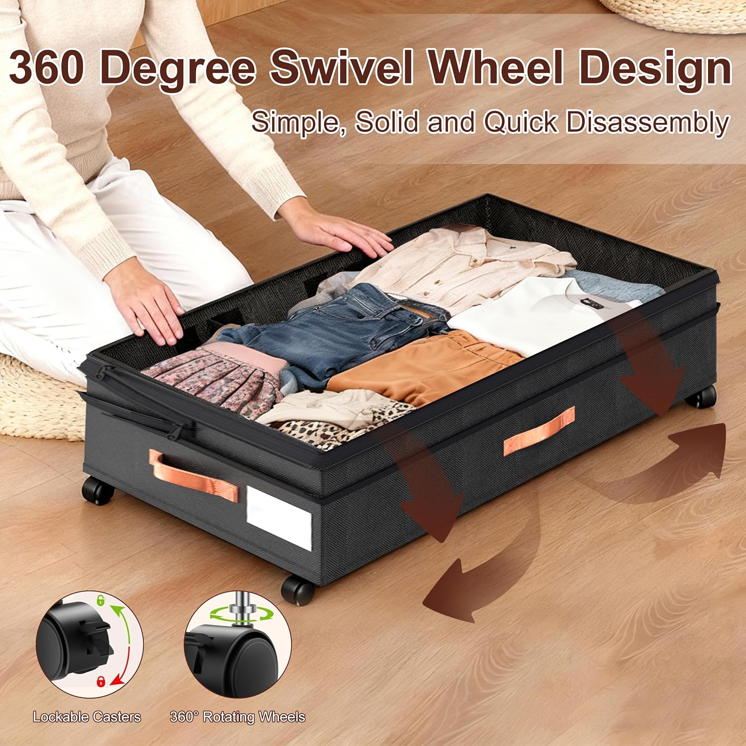 XXL Under Bed Storage with Wheels, 2 Pack 70L Extra Large Rolling Organizer, Heavy-Duty Foldable Storage Container with Lids, Fits 10" Clearance, Black