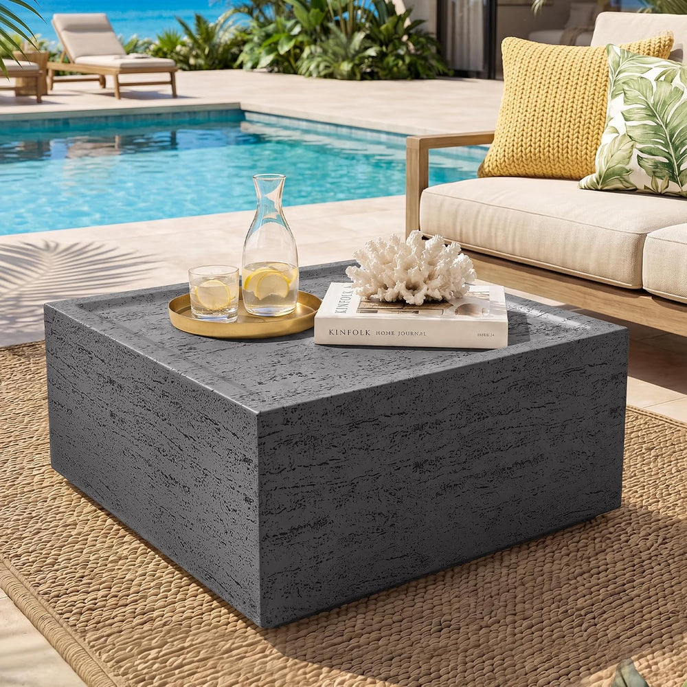 28" Square Outdoor Coffee Table, Travertine Look, Dark Gray