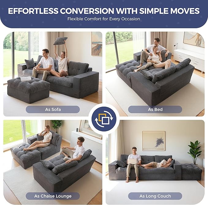 MAXYOYO L Shape Sectional Sofa Couch and Round Chaise Lounge, Modern Cloud Couch with Ottoman, Comfy Sofa with Layered Cushion, Tufted Upholstered Sleeper Chair for Living Room, No Assembly Required