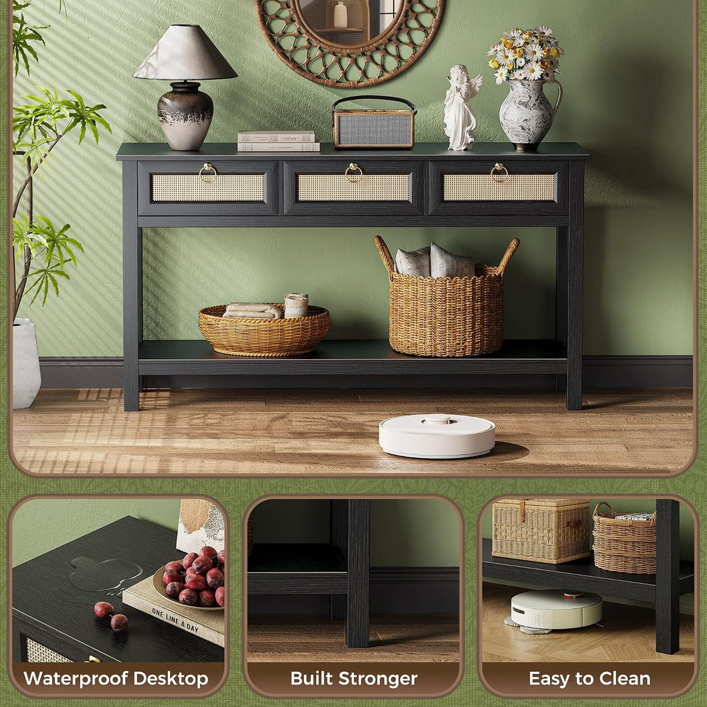 SUPERJARE Rattan Console Sofa Table with Outlets, USB-C Port and 3 Drawers | ...