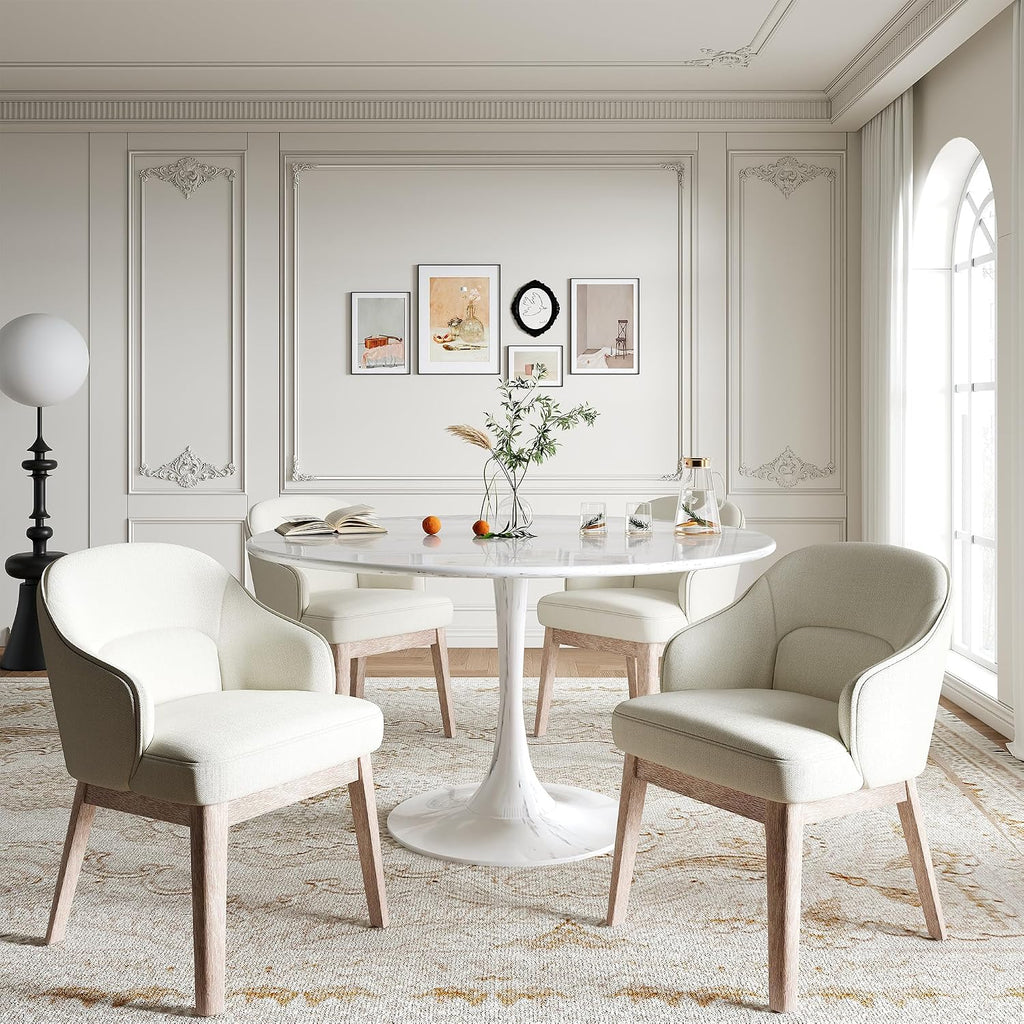 MALOL Dining Chairs Set of 4 with Lumbar Support,Fabric Upholstered Kitchen Chairs with Wooden Legs,Beige