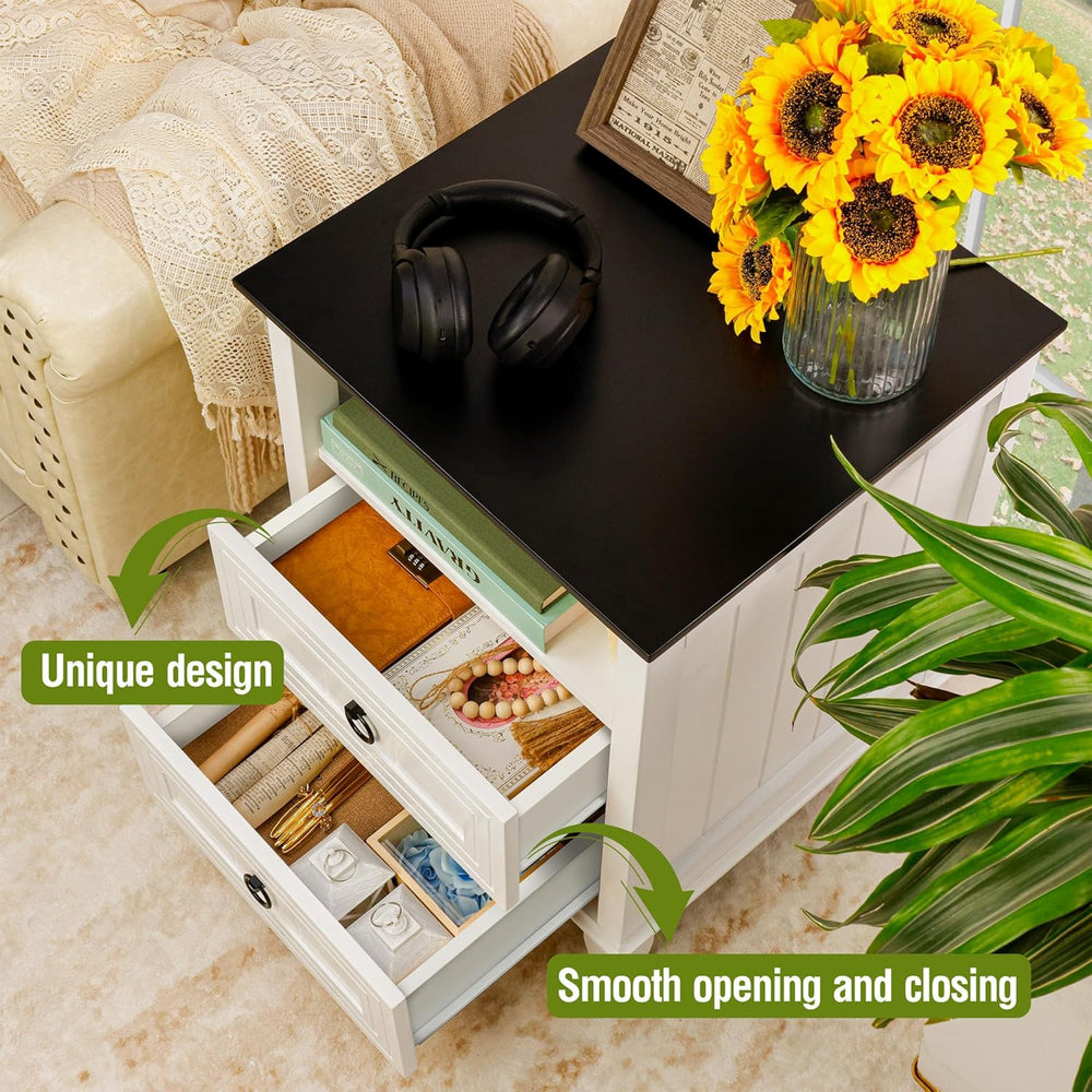 Farmhouse Nightstand, 24" Wooden Couch Side Table with 2 Drawers & O...