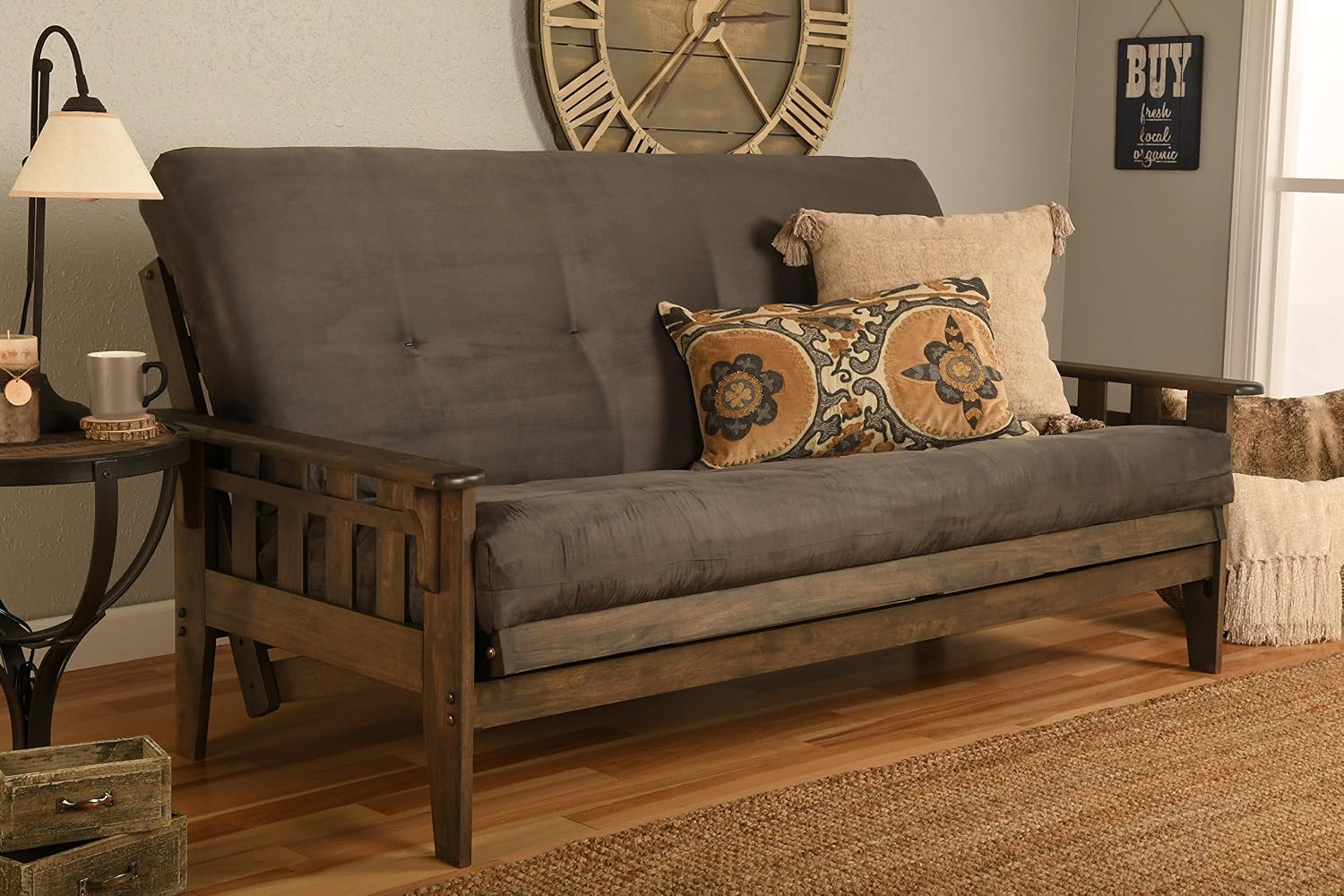 FutonX Rustic Walnut Frame and Mattress Set with Choice to add Drawers, 8 Inch Innerspring Futon Sofa Bed Full Size Wood (Grey Matt and Frame (No Drawers))
