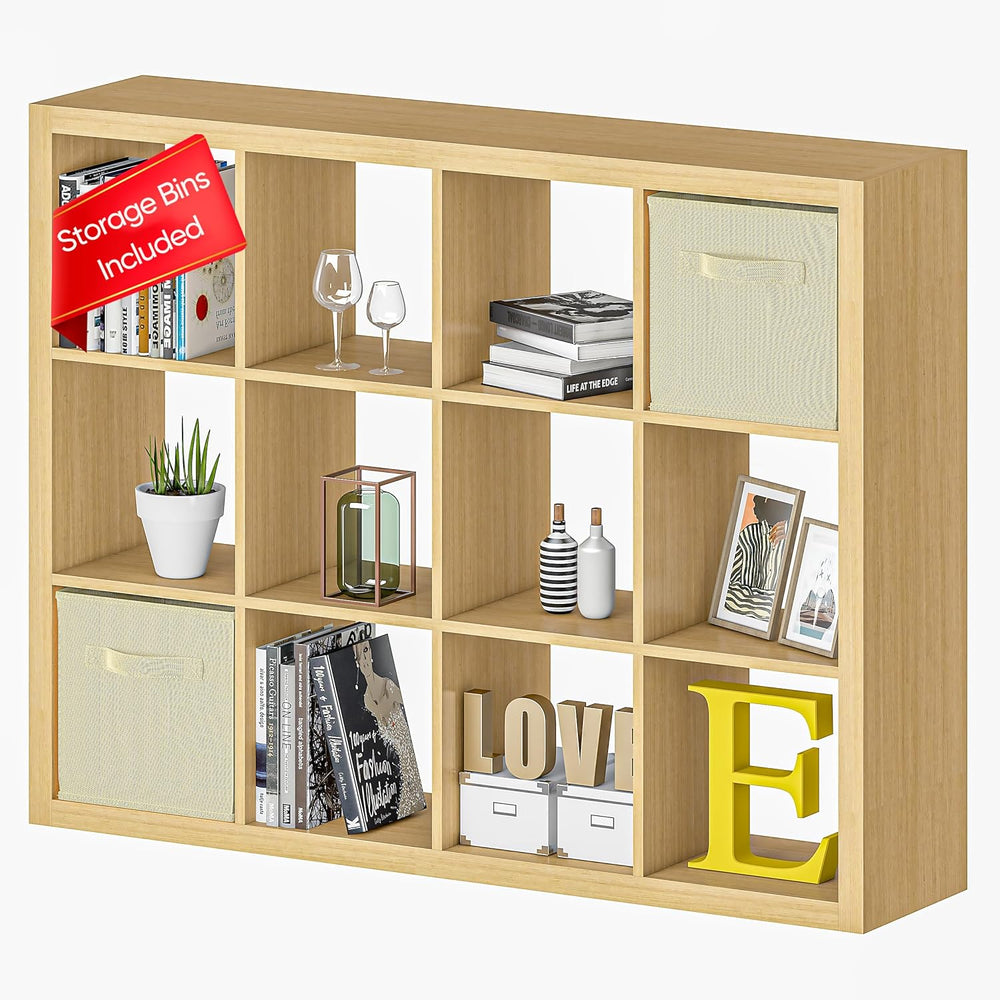 furtble Bookshelf with Storage Bins, 12-Cube Storage Organizer, Modern Wood O...