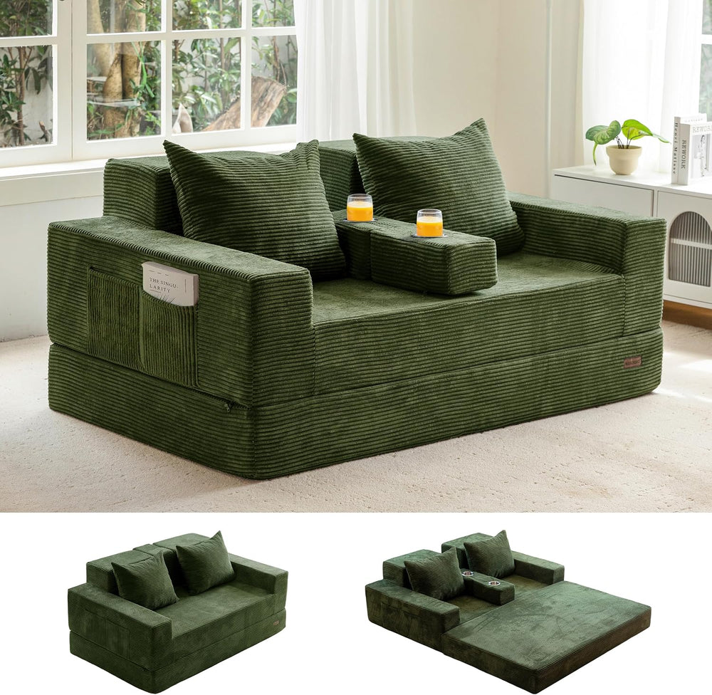 MAXYOYO Sofa Bed, 64-Inch Loveseat with 2 Cup Holders | Corded Green 4-in-1 S...