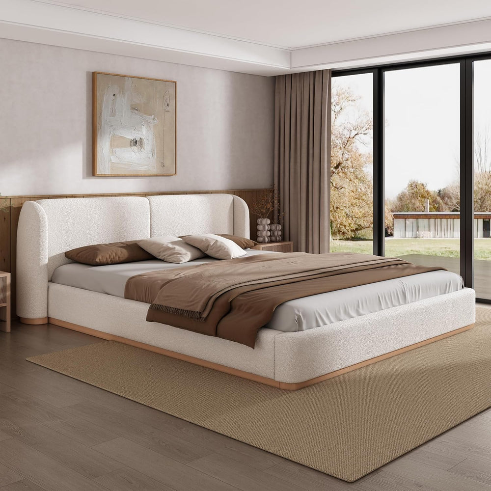 King Size Bed Frame, Rounded Wingback Headboard, Boucle Fabric
