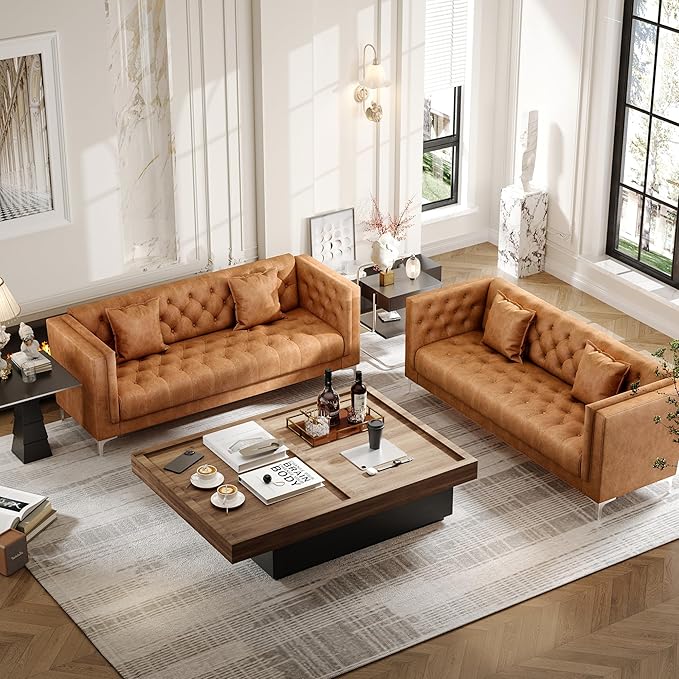 HIFIT 79" W Brown Faux Leather Sofa Couch with 2 Pillows, 3 Seater Couches for Living Room, Handmade Button Tufted Cushions and Metal Legs, Modern Leather Sofa for Apartment, Office