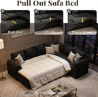 108 Inch Sectional Sleeper Sofa Bed with Pull Out Couch, U Shaped 7 Seat Cloud Modular Sectional Sofa with Storage, Corduroy Sectional Couches for Living Room, Removable Sofa Cover, Black