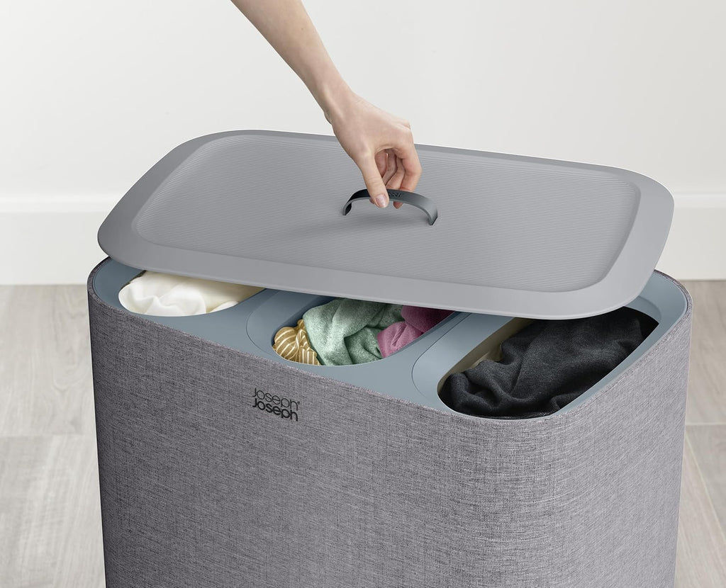 Joseph Joseph Tota Trio 90 liter/23.8 gallon Laundry Hamper Separation Basket with lid, 3 Removable Washing Bags with Handles- Gray