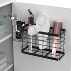 Hair Tool Organizer - Black Steel Wall Mounted Hair Dryer Holder with Removable Basket, 10.62"L x 4.33"W x 6.69"H, Ideal for Small Bathrooms