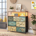 Tohomeor TV Stand with Power Oulet Dresser with Charging Station & LED Light with 8 Fabric Drawers for Living Room Storage Chest of Drawers Retro Dresser with Open Shelf Wooden Top