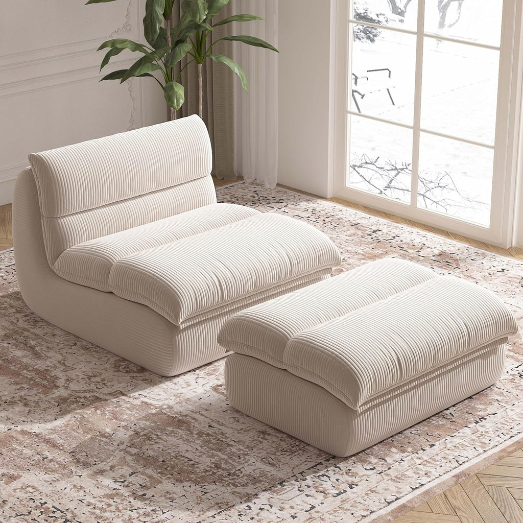 YVDNHP Bean Bag Chair with Ottoman, Cozy Comfy Reading Nook Chairs, Ultra Soft Corduroy Fabric Bean Bag Chairs for Adults, Reading Chair with Ottoman for Living Room, Bedroom Apartment (Beige)