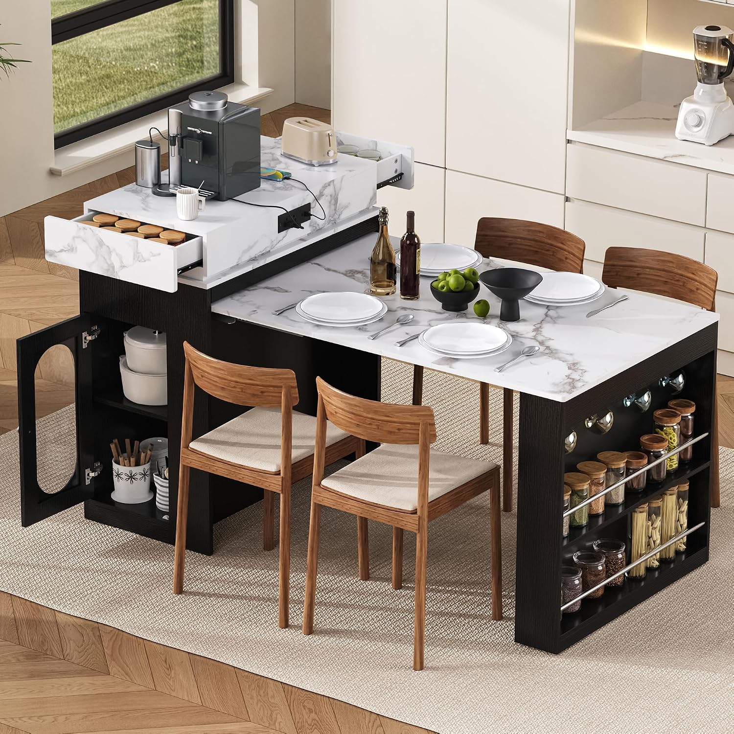 Quarte Kitchen Island with Extendable Table & Power Outlet Black | Kitchen island with extendable table,power outlet,2 drawers,storage cabinet,hooks,rolling wheels,bar table White Marble