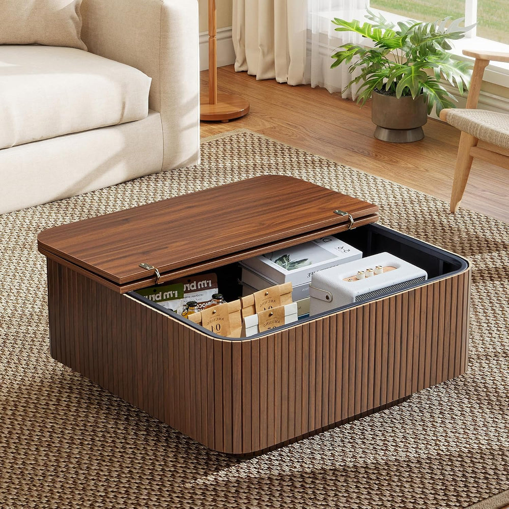 31.5" Square Coffee Table with Storage, Fluted & Floating Base (Walnut)