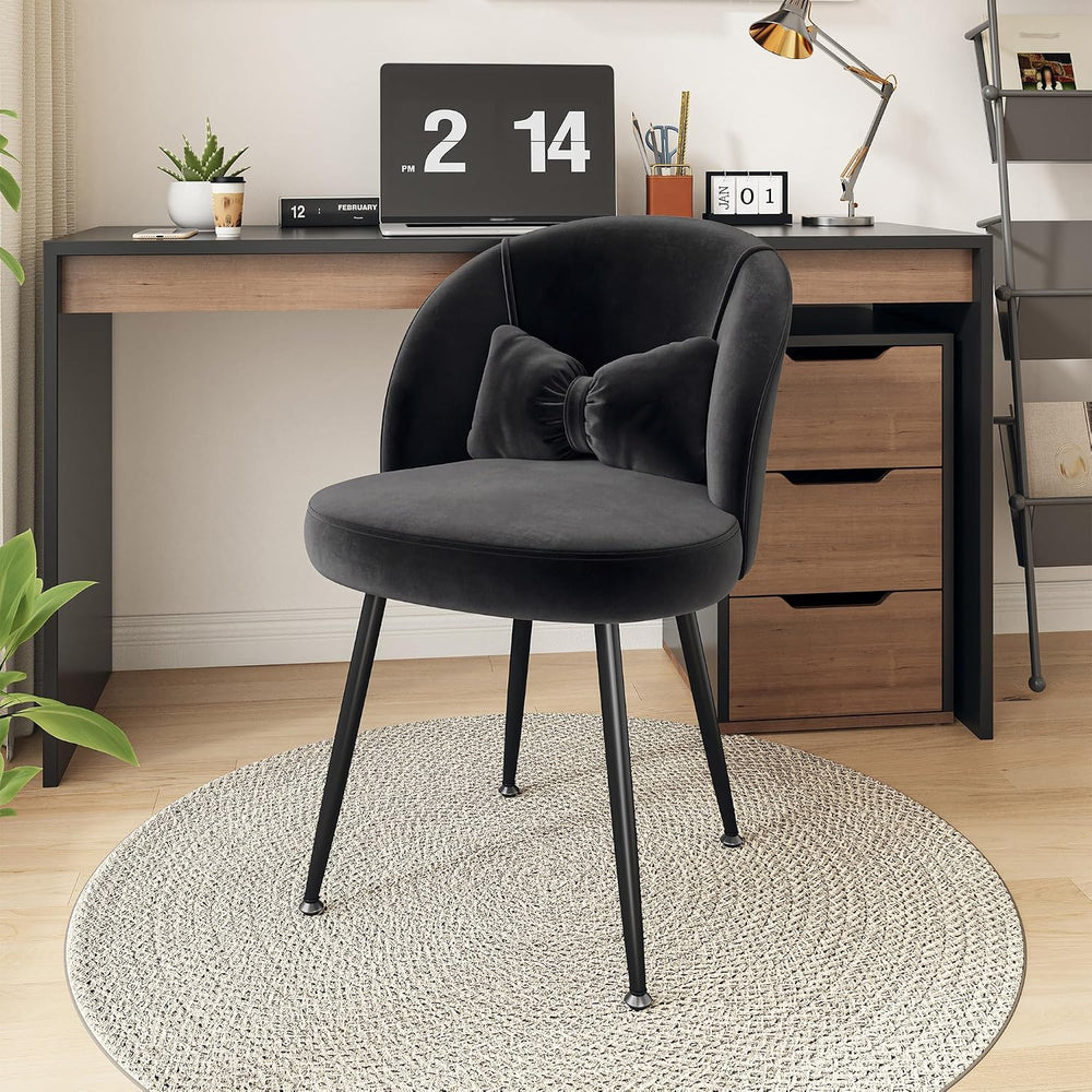 Homkdom Velvet Vanity Chair with Bow Pillow, No Wheels, Black