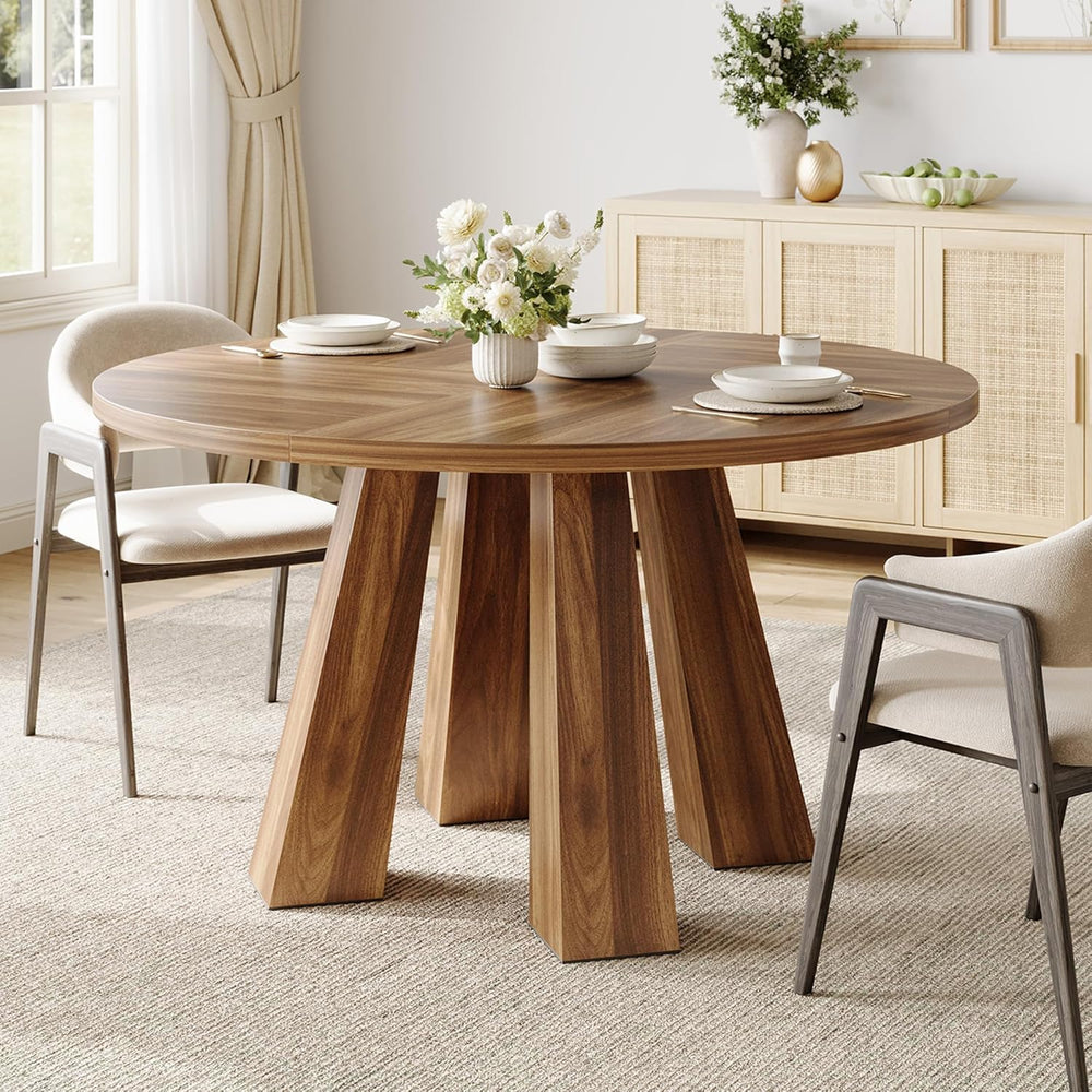 IDEALHOUSE 47" Round Dining Table for 4-6, Wood Kitchen Table with Sturd...