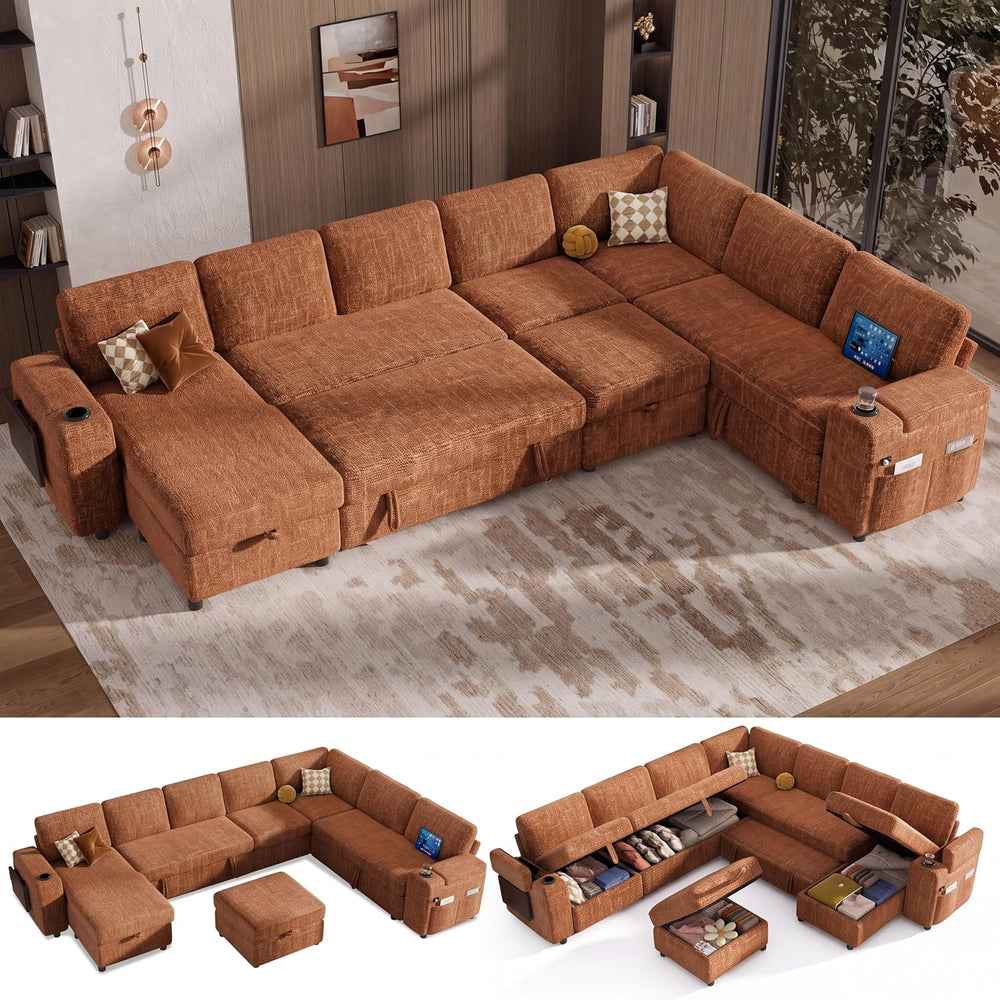Vipbear 130" Modular Sectional Sleeper Sofa with Pull Out Bed, 9 Seat Ch...