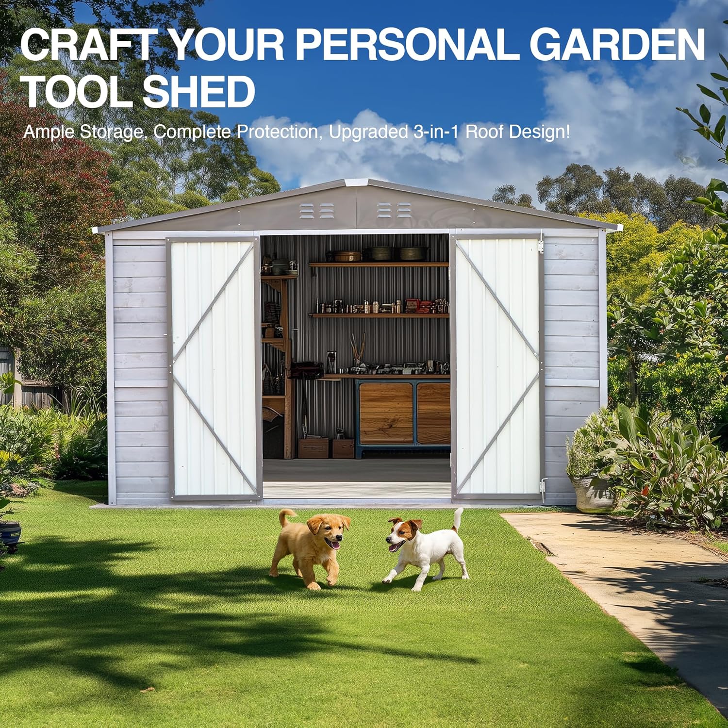 8x6 FT Outdoor Storage Shed, Wood Steel Utility Tool Shed Storage House with Door & Lock, Wooden Sheds Outdoor Storage for Garden Patio Lawn Poolside (Gray)