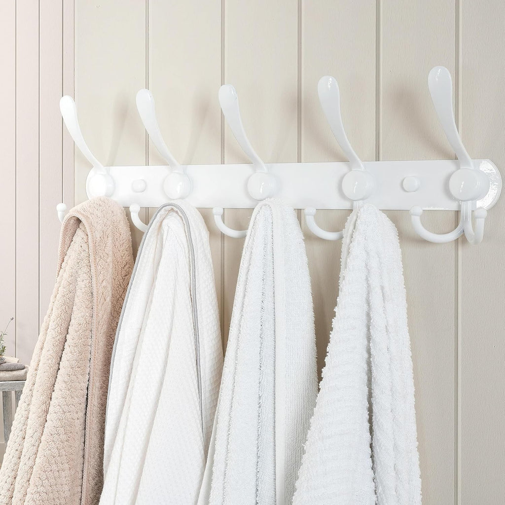 Dseap Wall Mounted Coat Rack - 5 Tri Hooks, Heavy Duty, Stainless Steel, Metal Coat Hook Rail for Coat Hat Towel Purse Robes Mudroom Bathroom Entryway (White, 2 Packs)