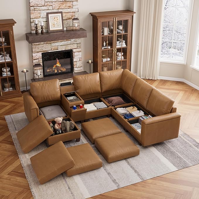 SITJOY 105" Faux Leather Modular Sectional Sofa with Storage, Mid Century Modern Sectional Couches for Living Room, 6 Seat V Shaped Couch with Ottoman and Console Table, Hidden Cupholders, Brown