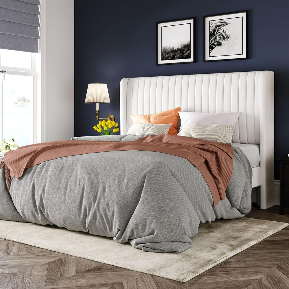 Allewie Queen Size Velvet Bed Frame/Vertical Channel Tufted Wingback Headboar...