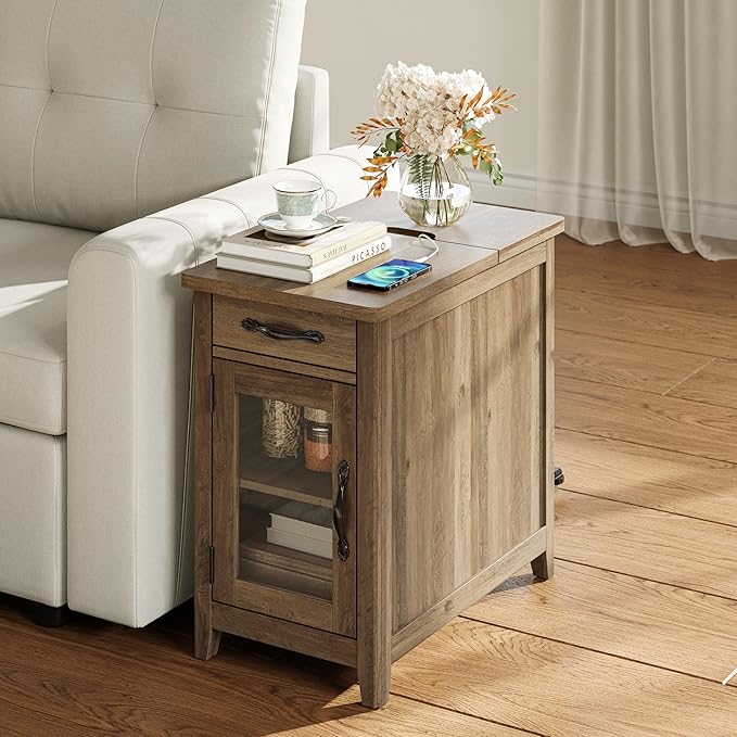LINSY HOME End Table Set of 2 with Charging Station, Modern Farmhouse Sofa Co...