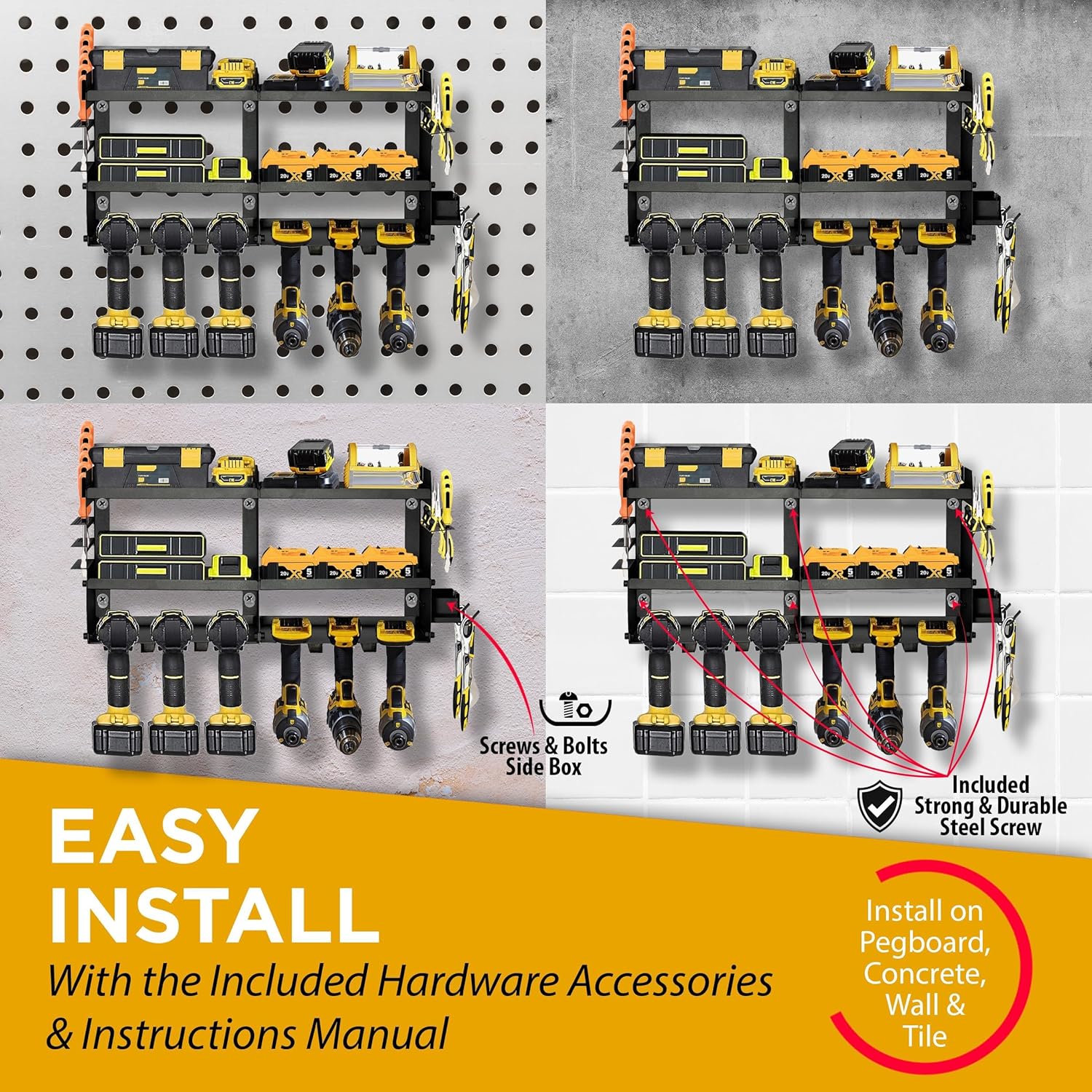 GRG Tools Heavy-Duty Power Tool Organizer – Wall Mounted Drill Rack for 6 Cordless Drills, Garage & Workshop Tool Storage Shelf with Screws & Bolts Side Box, 300LBS Load Capacity, Sturdy Metal Design
