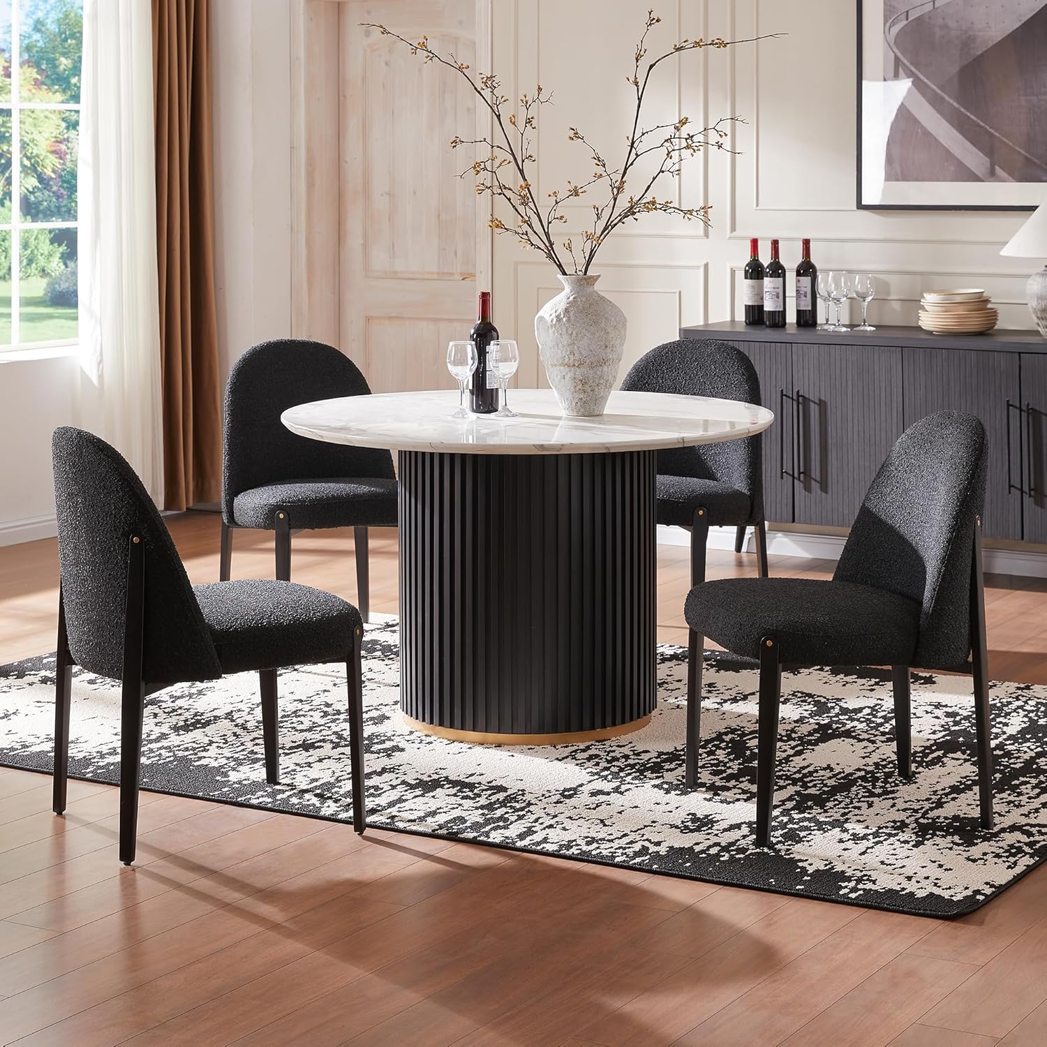 Morden Fort Boucle Dining Chairs Set of 4, Thick Upholstered Chairs with Metal Legs & Curved Backrest, Post Modern Minimalist Chair for Dining Room, Kitchen, Living Room, Bedroom, Apartments, Black