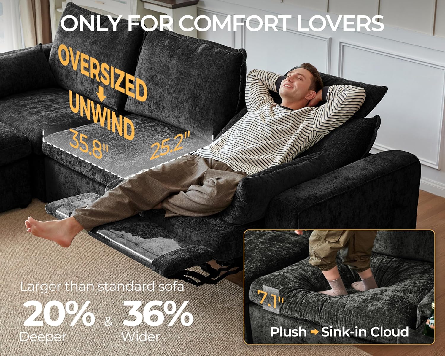 170" Modular Power Reclining Sectional 7 Seater Couch with Ottoman Chenille | Oversized Cloud, Console Table, Charging Storage, Wall Hugger, Headrest, Washable Cover, for Home Theater Living Room, Black