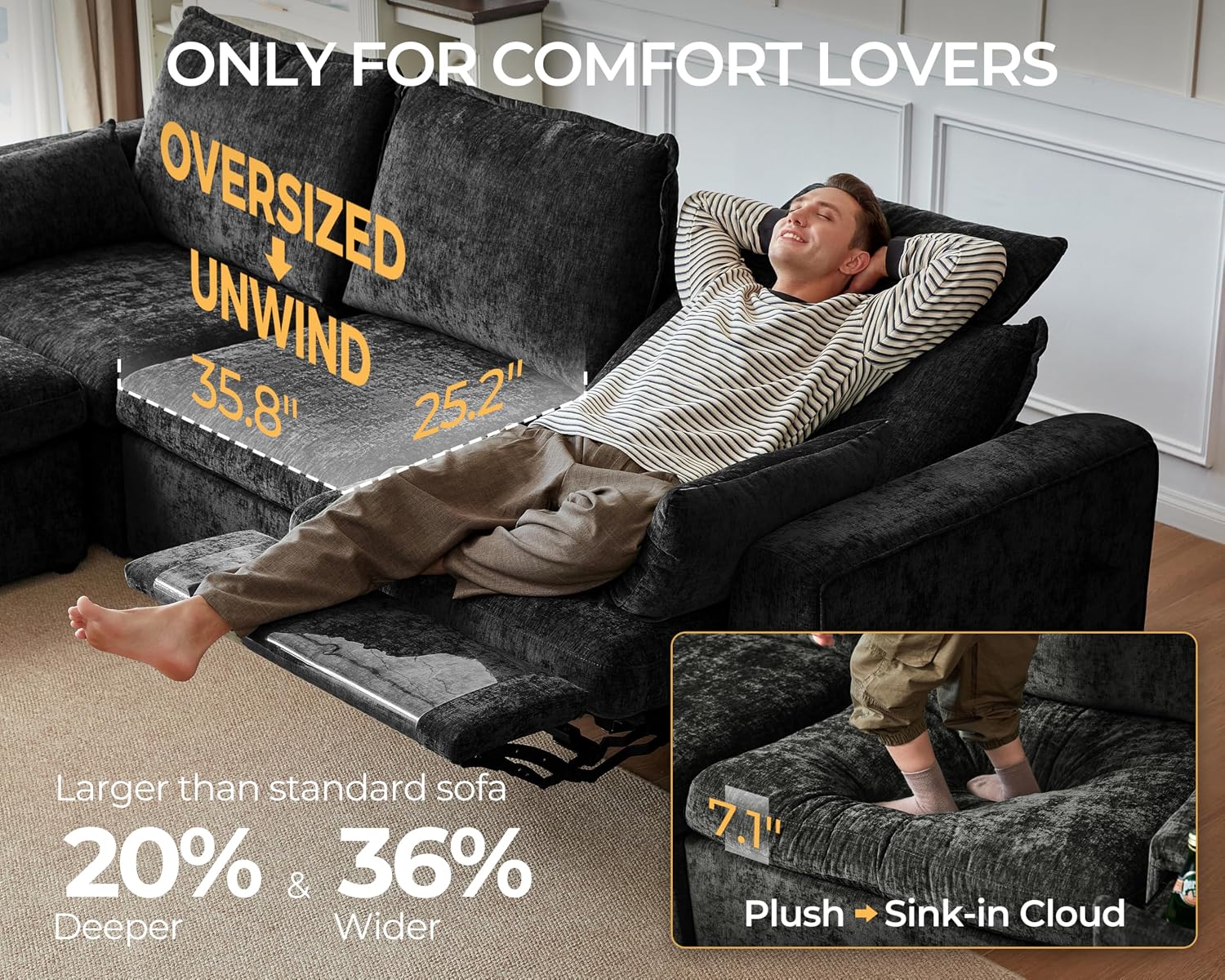 Oversized Modular Sectional Sofa with Power Recliner, Plush Cloud Couch with Headrest, Convertible Deep L-Shaped 6 Seater with Corner and Storage Ottoman, Chenille, Black