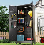 71" Metal Tools Storage Cabinet with Doors and Shelves, Outdoor Storage Sheds with Lock, Black Cleaning Supplies Organization Cabinet with Hanging Rod for Garage, Outdoor,