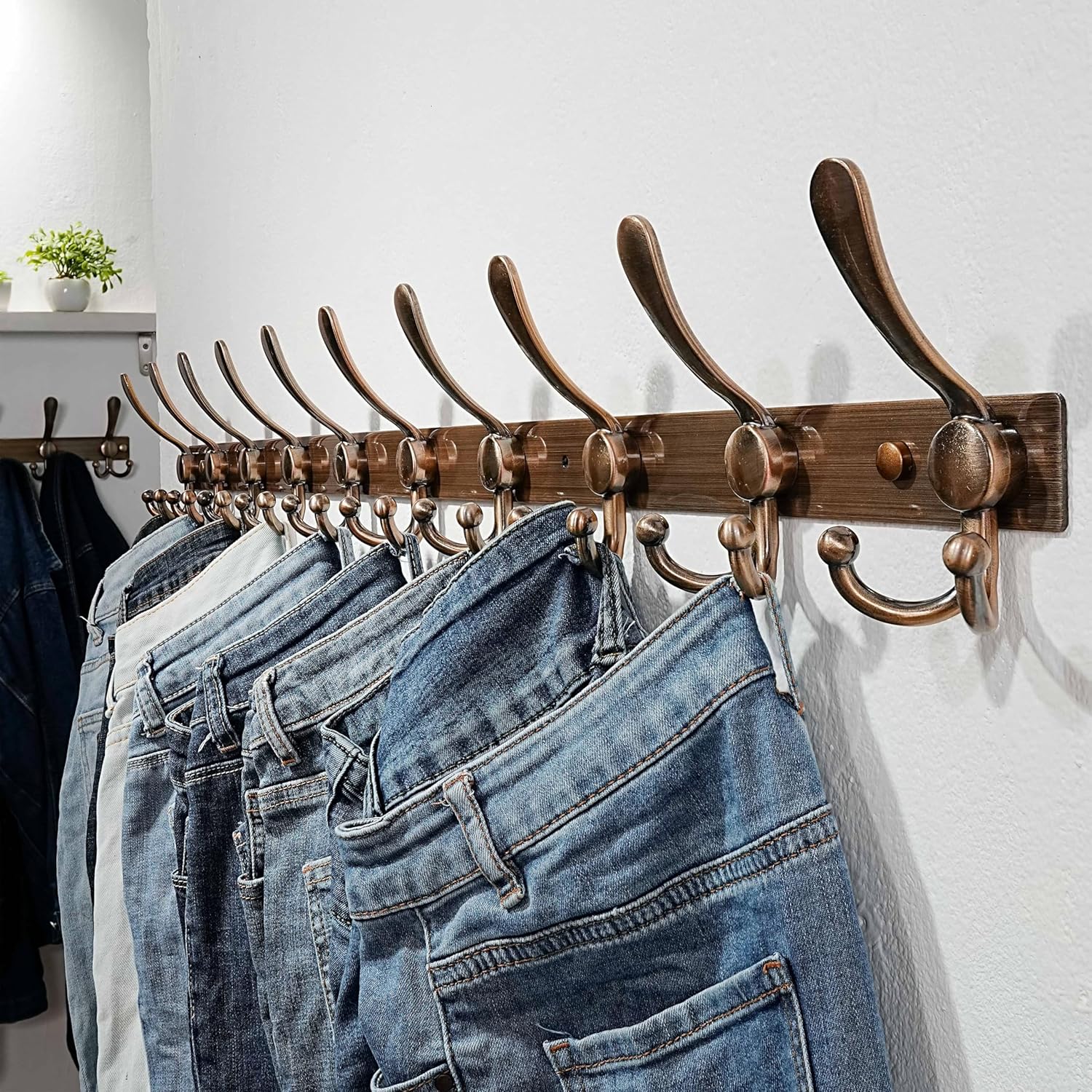 Dseap MaxStrong 2.0 Coat Rack Wall - 37” Long 10 Tri Hooks - Ultra Heavy-Duty Stainless Steel Wall Mount Coat Hanger, Hook Rail for Clothes Hats Jacket Towels Antique Copper, Pack of 2