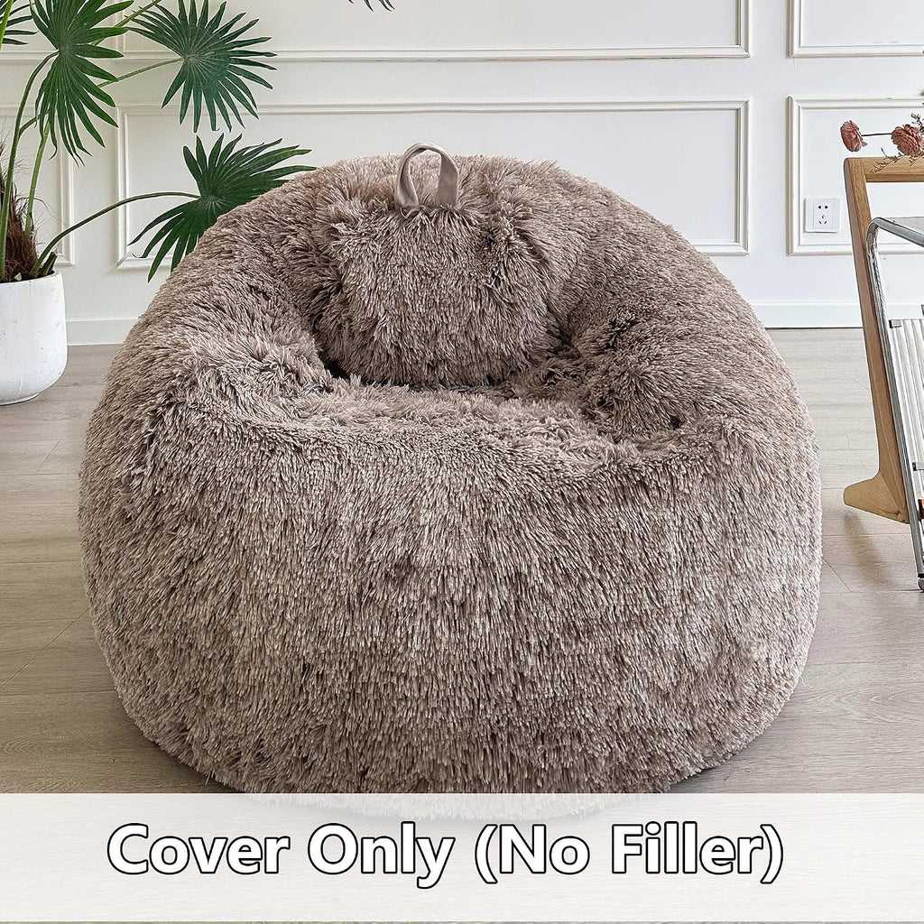 LIFEREVO Faux Fur Stuffed Animal Storage Bean Bag Chair Cover (No Filler), Washable Fluffy Large Bean Bag Cover for Adults Girls, Furry Beanbag Cover for Textile Plush Toys Memory Foam (Ombre Khaki)