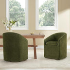 Upholstered Dining Chairs with Casters, Washable Cover Modern Dining Room Chairs with Barrel Backrest & Dual Armrest for Kitchen, Living Room, Bedroom, Green Fabric, 2PCS