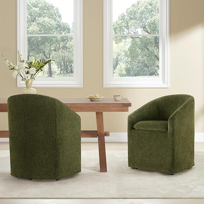 Upholstered Dining Chairs with Casters, Washable Cover Modern Dining Room Chairs with Barrel Backrest & Armrest, Vanity Chair with Wheels for Kitchen, Living Room, Bedroom, Green Fabric, 1PCS