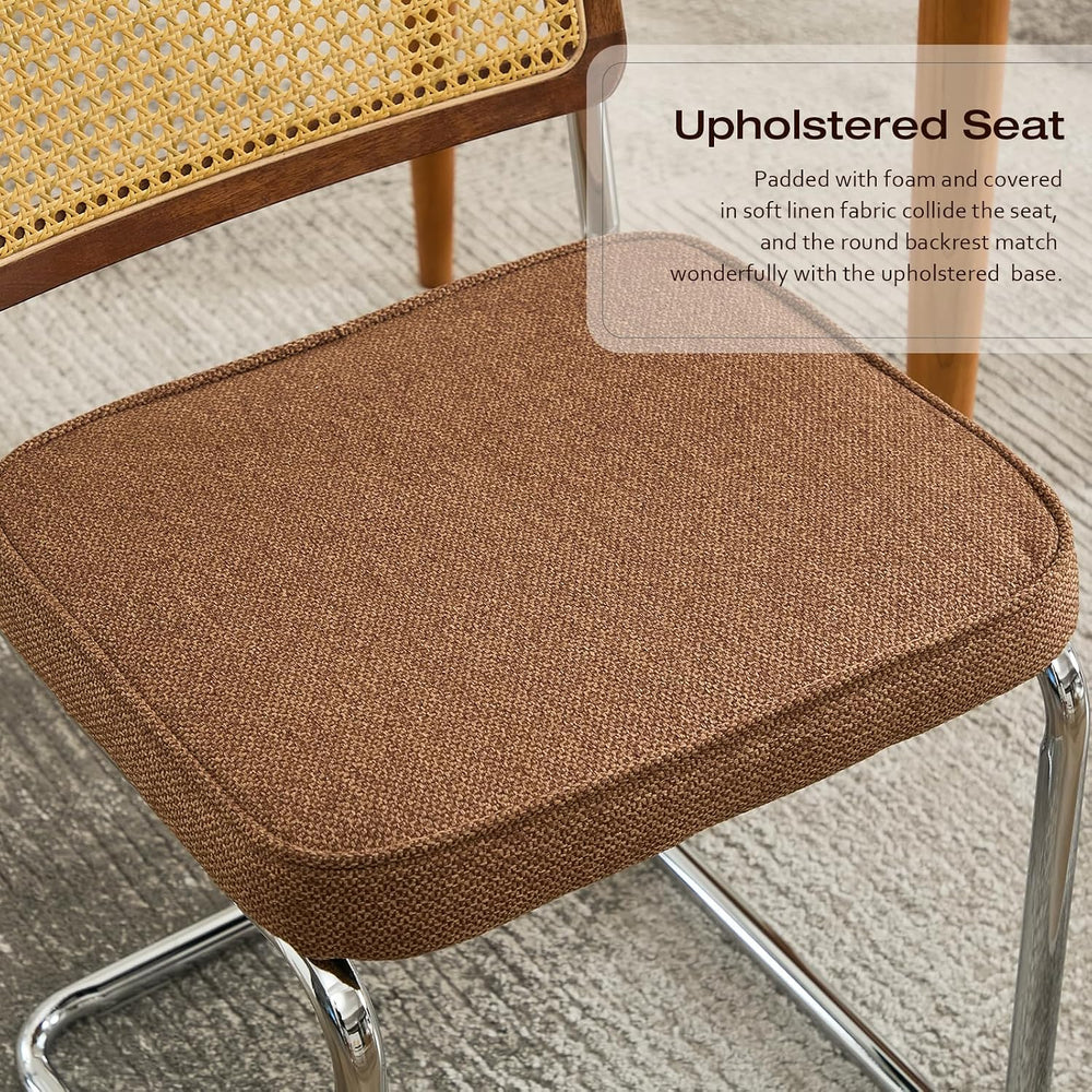 Rattan Back Linen Dining Chair Set of 4 Modern Breuer Designed Stainless Chro...
