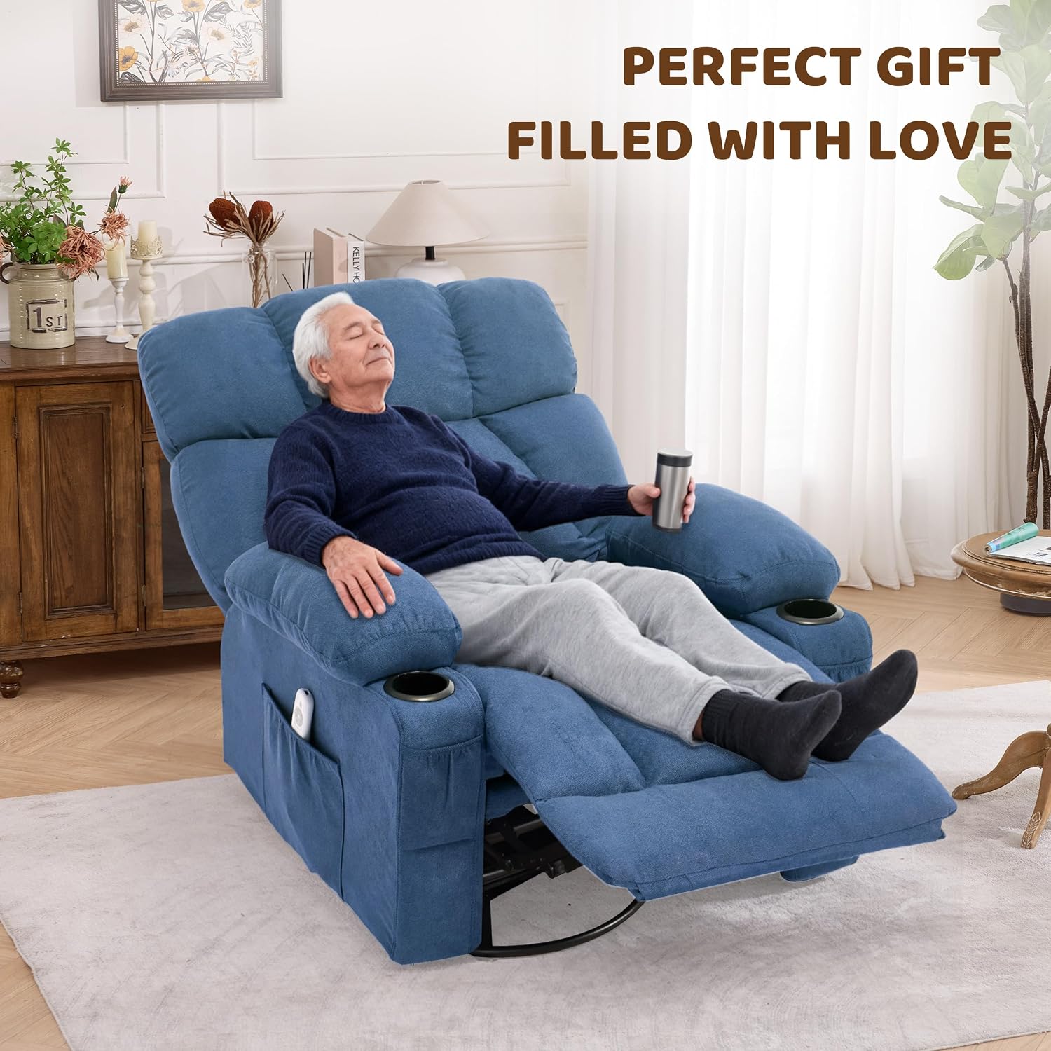 Oversized 360° Swivel Massage Rocker Recliner Chair, Massage & Heat, Blue | Vibration Massage, USB Charge Port, 4 Pockets 2 Cup Holders, Comfy Rocking Recliners for Living Room & Bedroom, Reading Chair