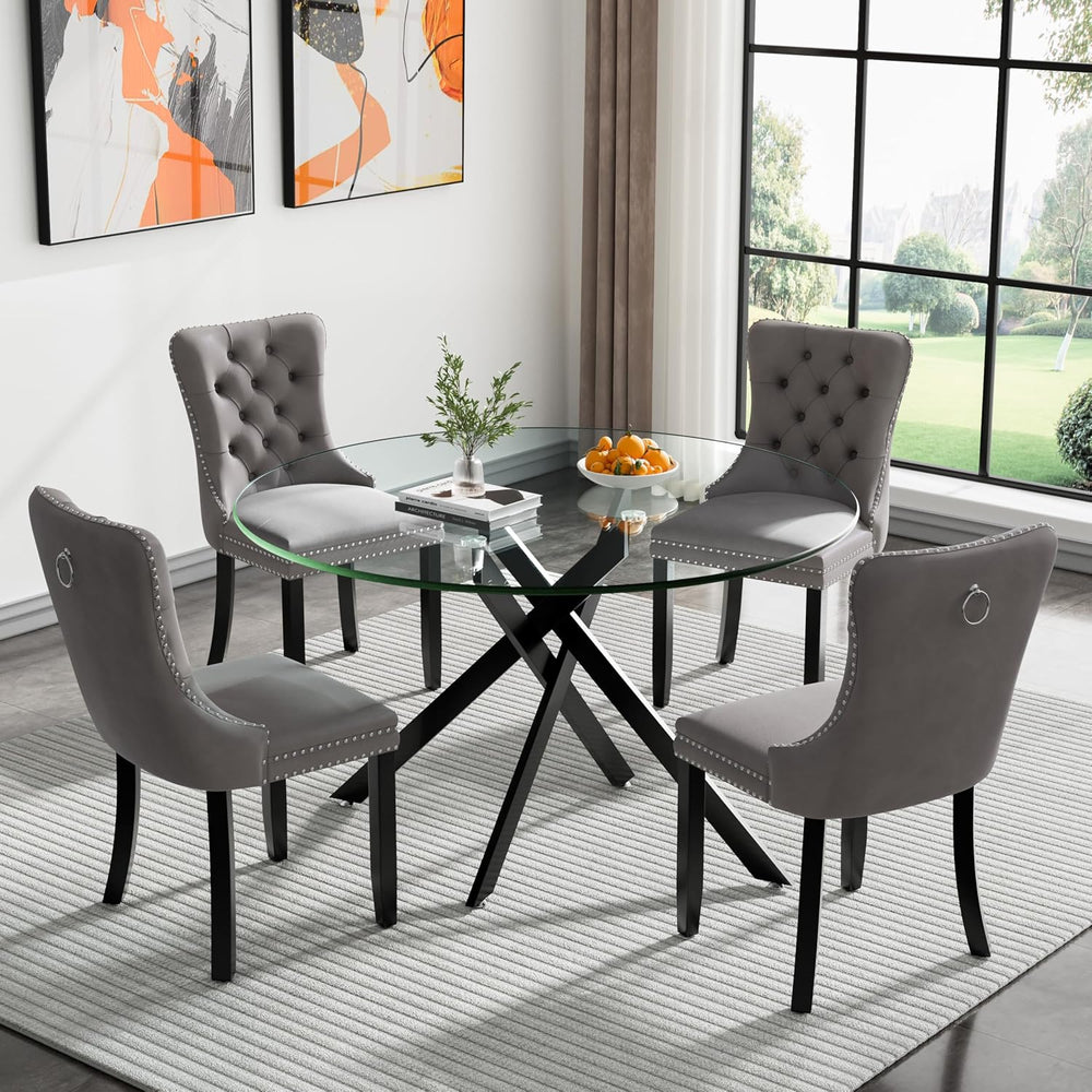 Henf 47.24" Round Dining Table with Black Metal Legs, Glass Kitchen Tabl...