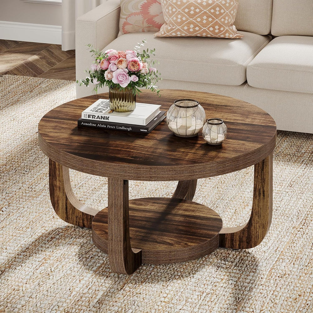 Tribesigns Round Coffee Table, 2-Tier Circle Coffee Table with Storage, Moder...