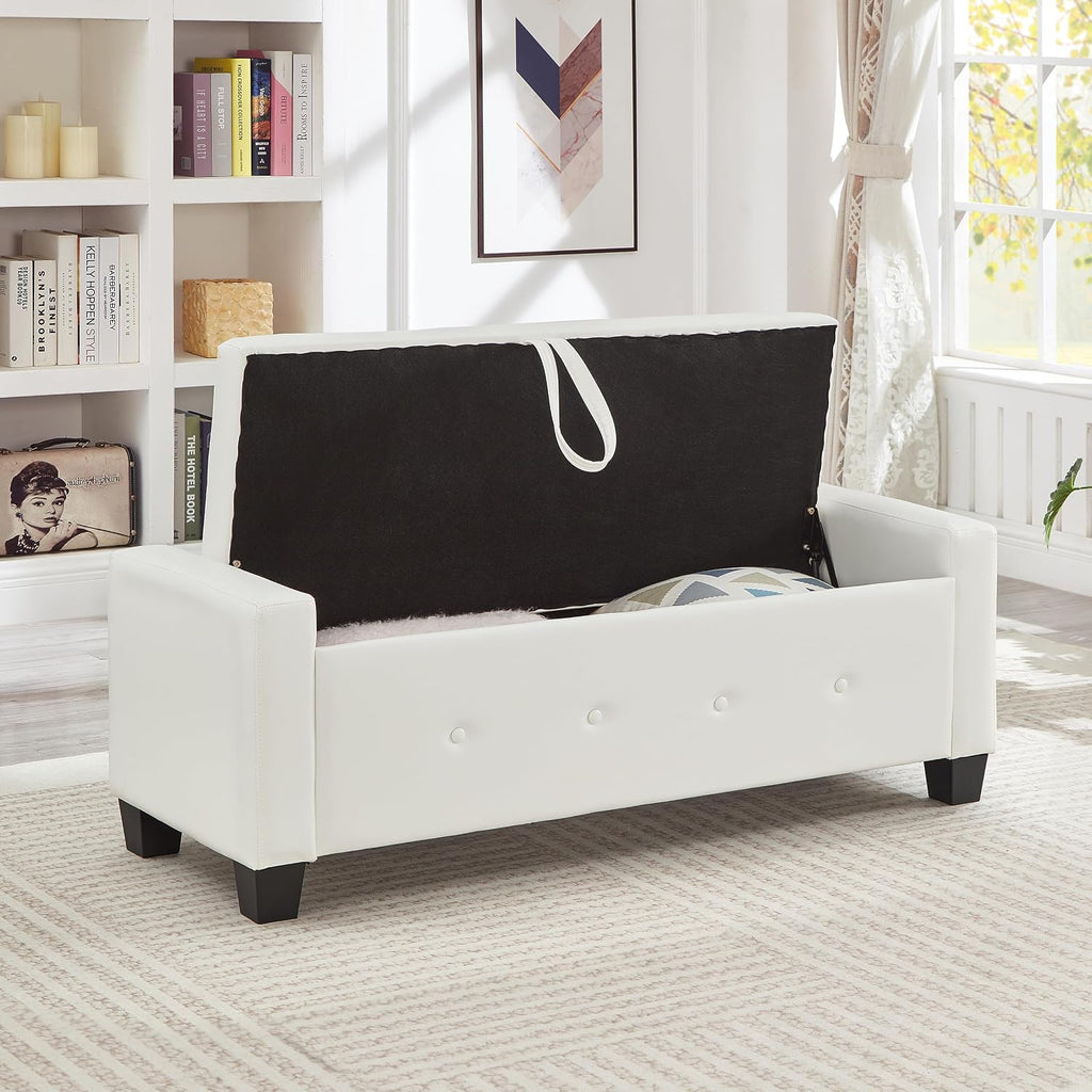 48" Storage Ottoman Bench, Ivory White | Faux Leather, Lift Top, For Living Room & Bed End, Upholstered Tufted PU