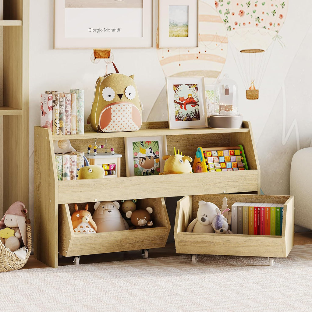 Toy Storage Organizer for Kids, Toy Storage Cabinet with Drawers, Boys and Girls Toy Shelf with Wheels, Toy Organizer Kids Bookshelf with Storage for Nursery, Playroom, Bedroom (Burlywood)