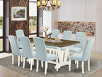 East West Furniture V077CE215-9 9 Piece Dining Room Set Includes a Rectangle Kitchen Table with V-Legs and 8 Baby Blue Linen Fabric Upholstered Parson Chairs, 40x72 Inch, Multi-Color