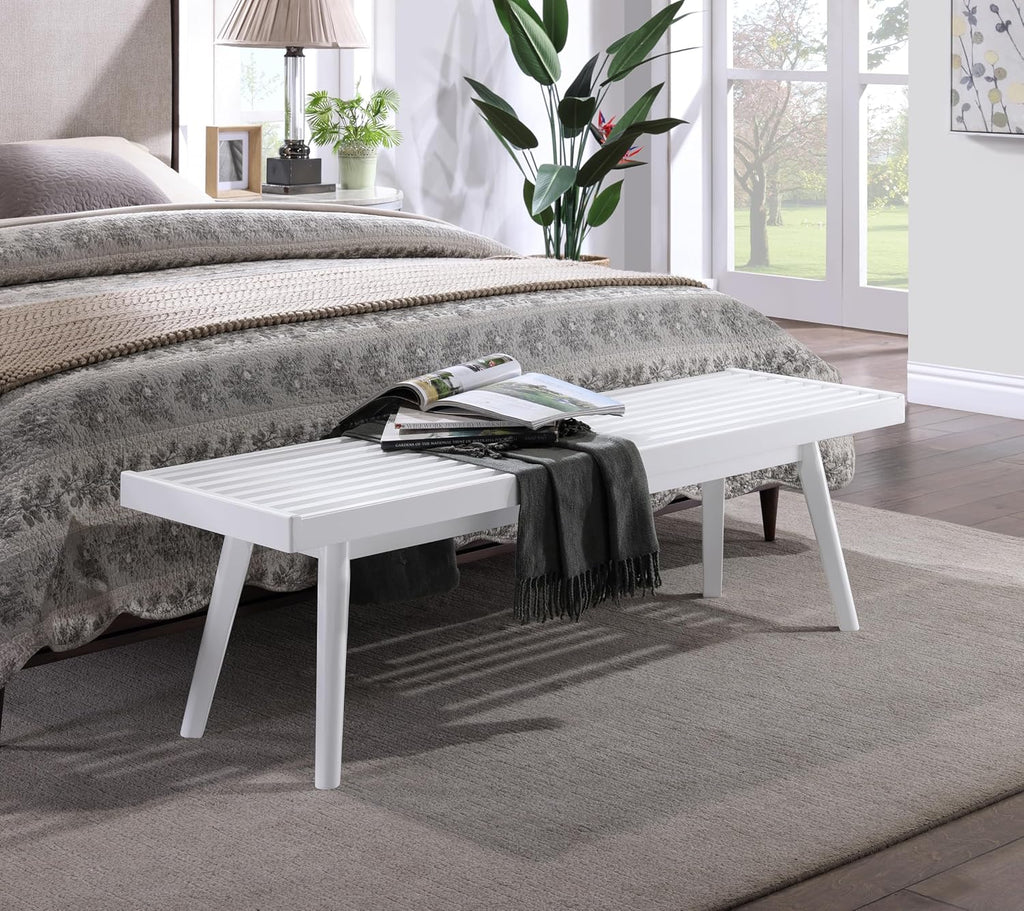 White Solid Wood Bench: Farmhouse Style Slatted Entryway Seat - 56.3" Long New Zealand Pine with Tapered Legs - Bedroom & Hallway Decor for Modern Homes