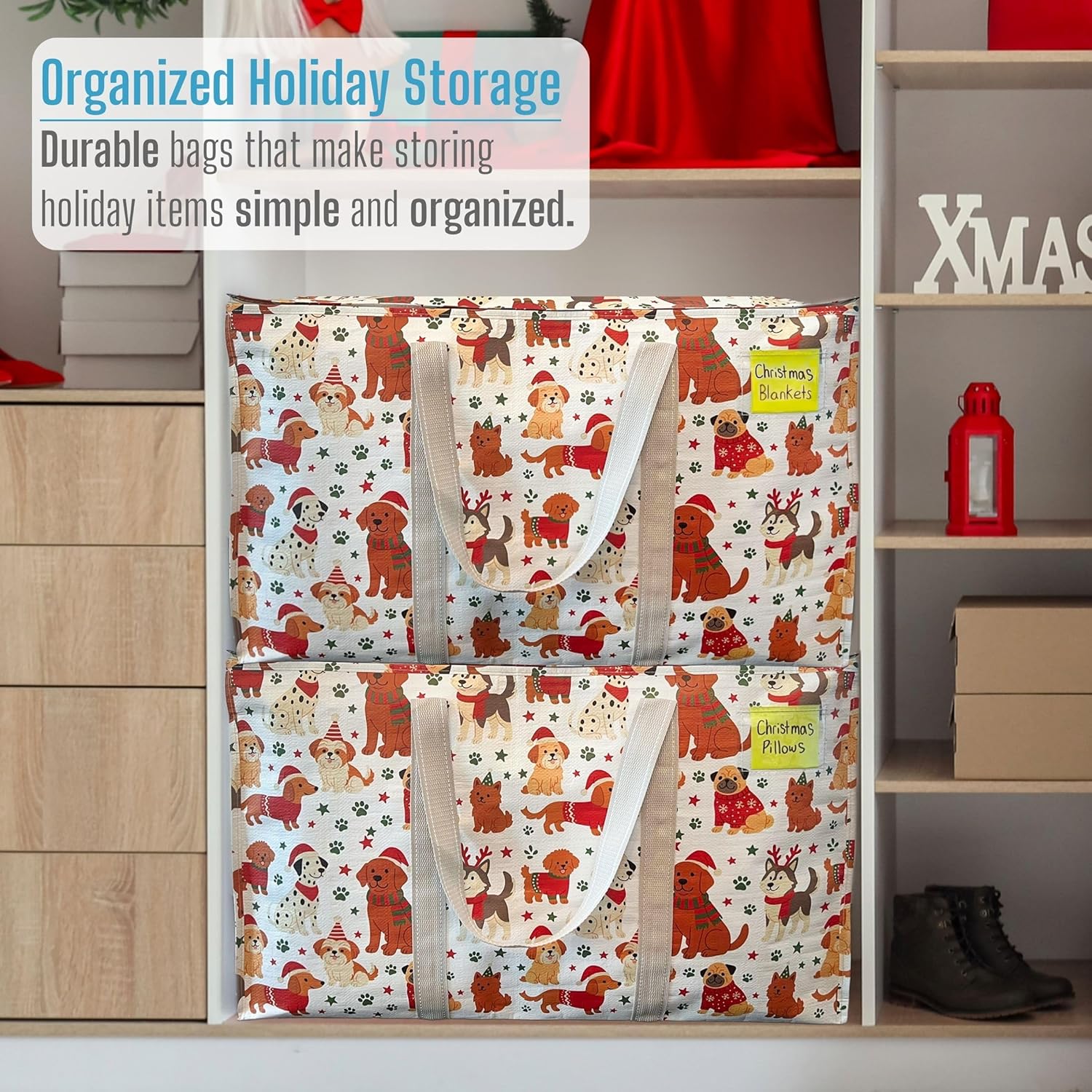 VENO 6 Pack Moving Bags and Large Christmas Storage Bins with lids. Alternative to Moving Boxes, Packing Supplies for College. Extra Large Heavy Duty Totes for Packaging (Holiday Pups, 6 Pack)