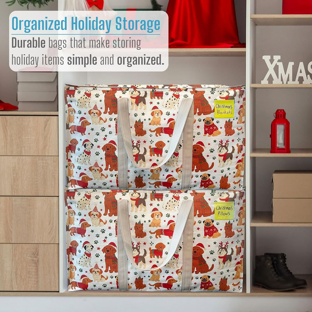 VENO 4 Pack Moving Bags and Large Christmas Storage Bins with lids. Alternative to Moving Boxes, Packing Supplies for College. Extra Large Heavy Duty Totes for Packaging (Holiday Pups, 4 Pack)