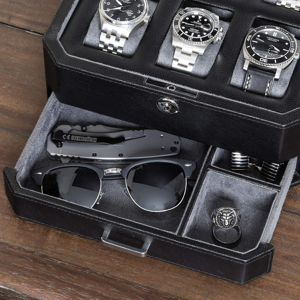 ROTHWELL 6 Slot Leather Watch Box with Valet Drawer - Luxury Watch Case Display Organizer, Microsuede Liner, Locking Mens Jewelry Watches Holder, Men's Storage Boxes With Large Glass Top (Black/Grey)