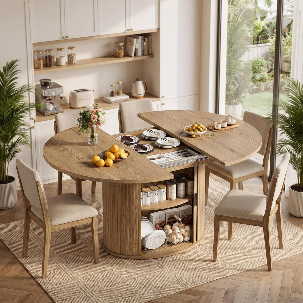 PAKASEPT43-59 Extendable Round to Oval Dining Table with Hidden Storage, Mode...