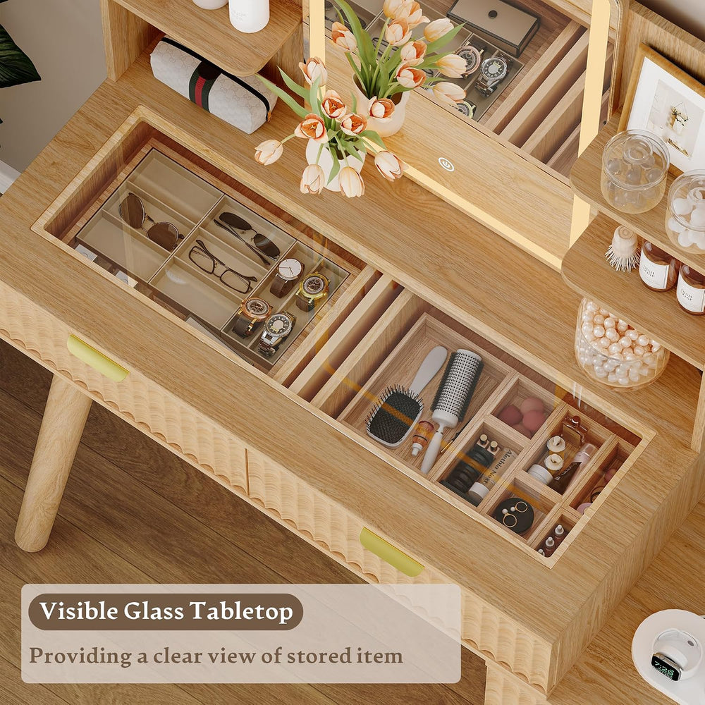 Vanity Desk With HD Lighted Mirror and Lights, Fluted Small Makeup Vanity wit...